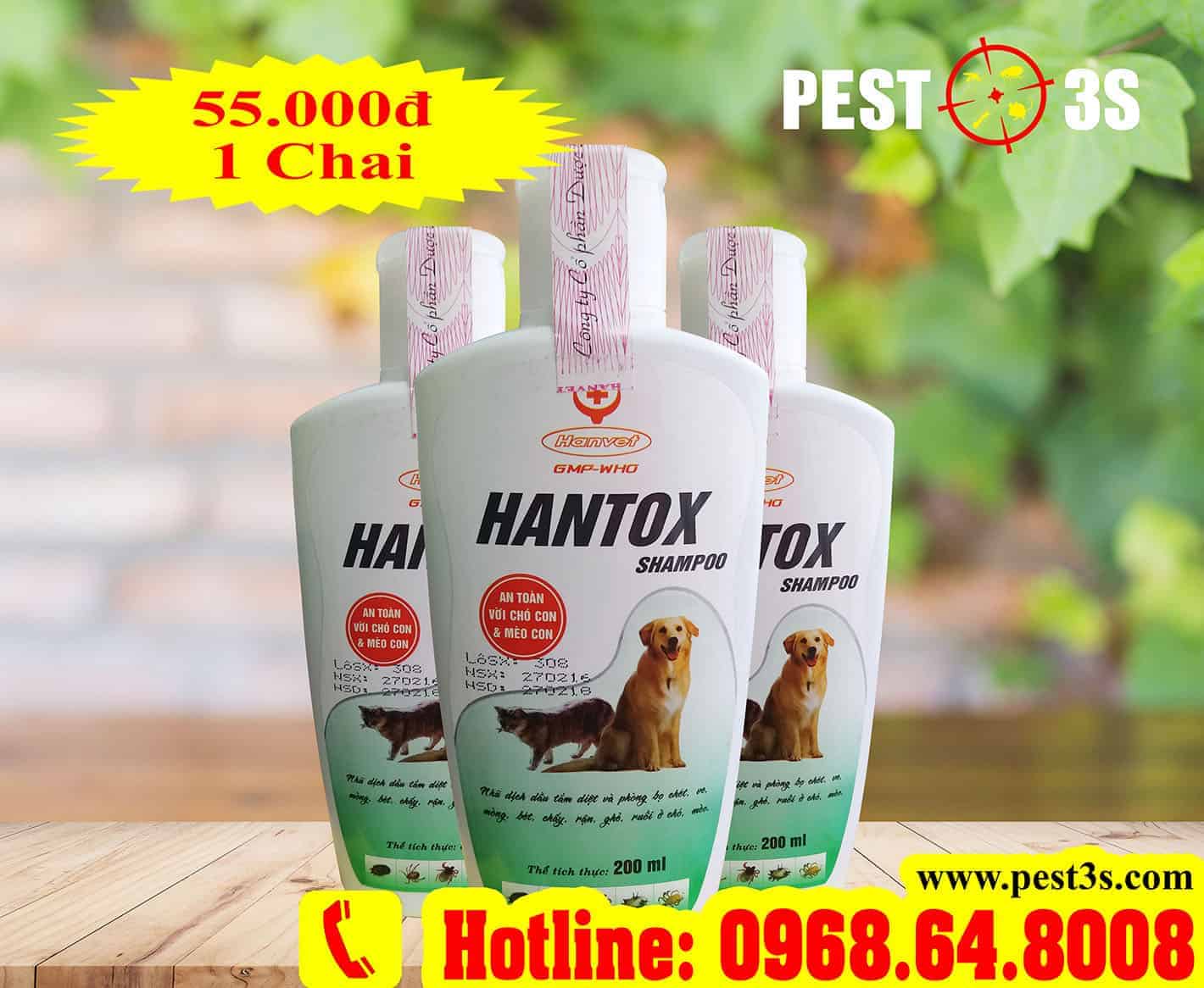 Hantox Shampoo (200ml) Chai xanh - Sữa tắm phòng và diệt bọ chét, ve bét, chấy rận...